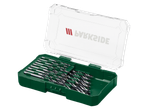 An open green and clear plastic case filled with various sizes of drill bits.