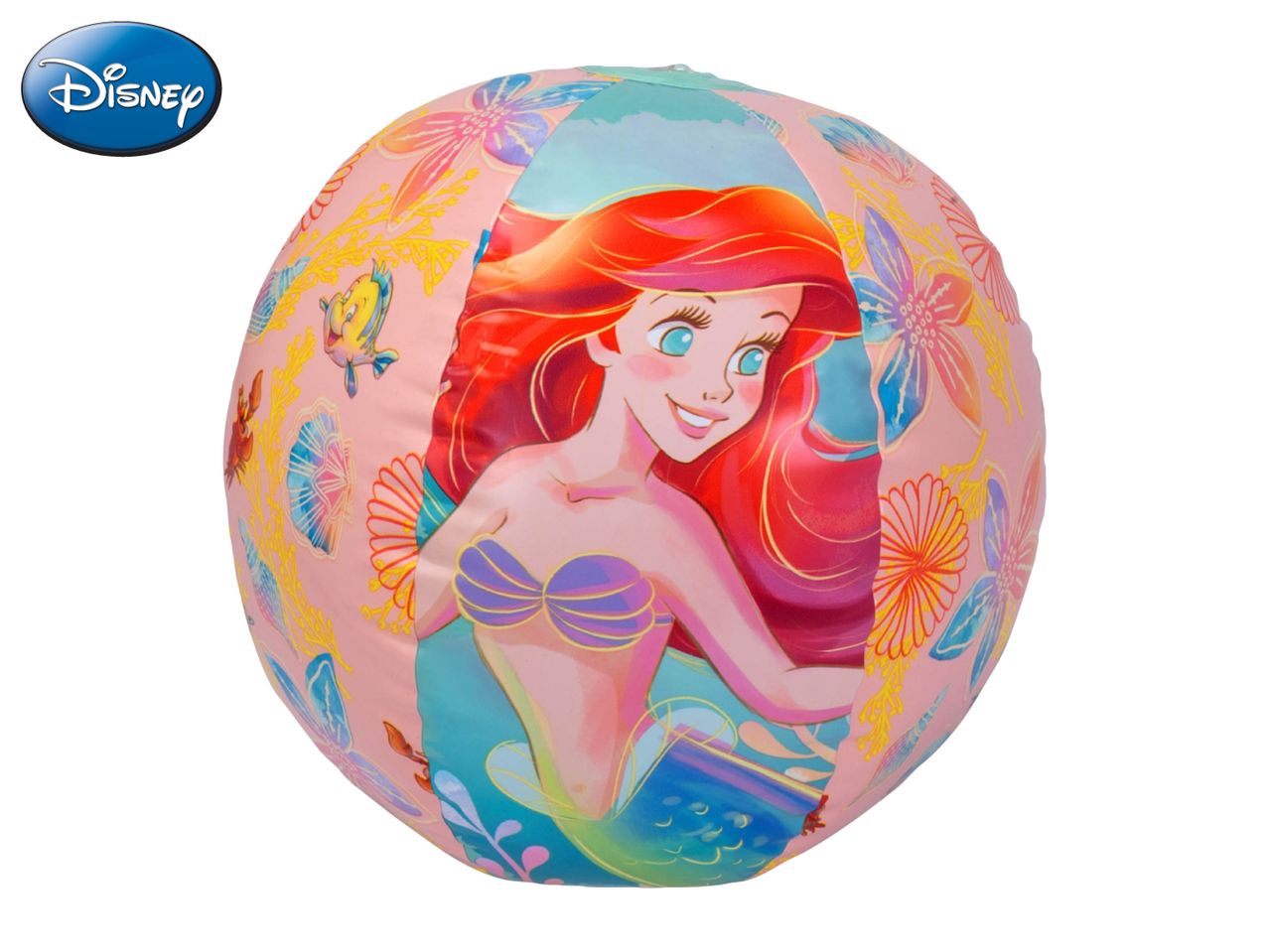 Pink beach ball with Ariel, Flounder, and Sebastian, surrounded by colorful flowers and coral.
