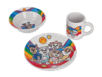 Paw Patrol Geschirrset mit Schüssel, Teller und Tasse, alle mit Regenbogen-Design und Charakteren.