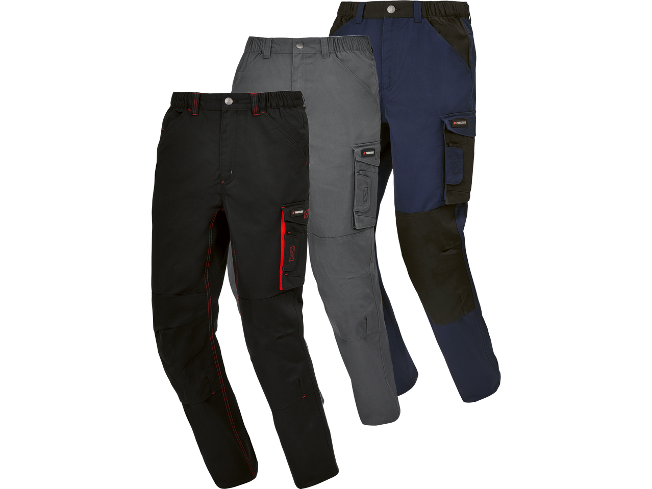 Tre par Parkside arbetsbyxor i svart, grått och blått med svarta förstärkningar.
