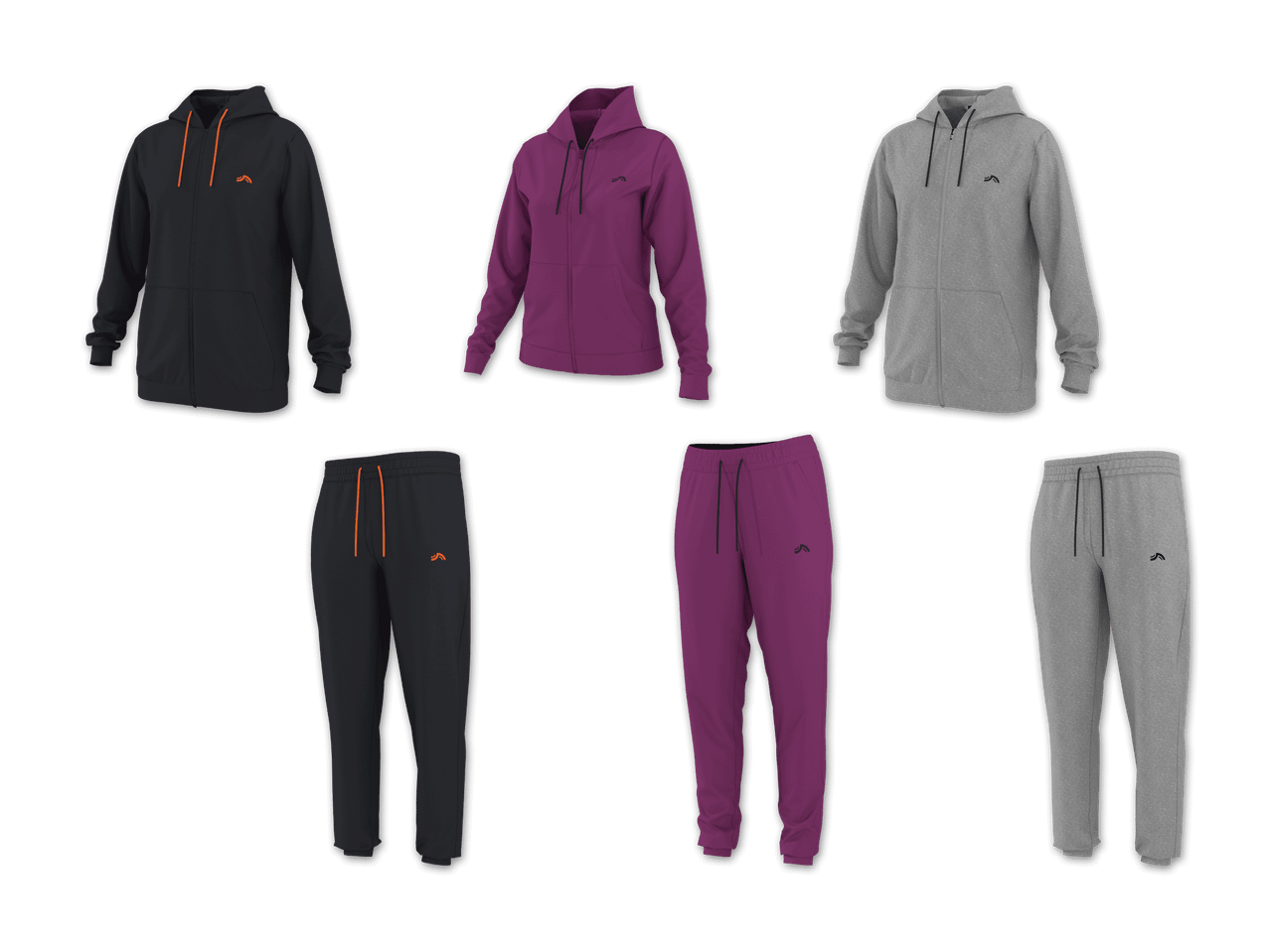 Drei Hoodies und drei Jogginghosen in Schwarz, Lila und Grau