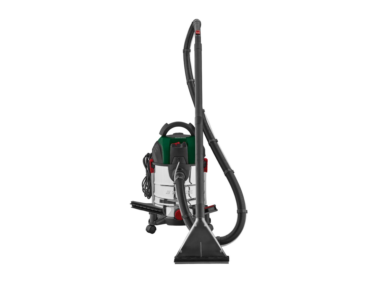 A green and silver wet/dry vacuum cleaner with a hose and floor nozzle.