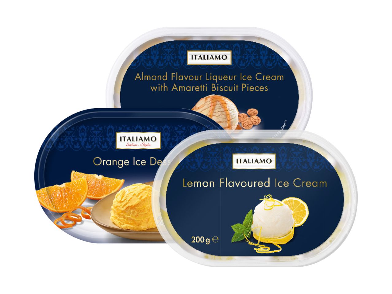 Tre vaschette di gelato Italimo: mandorla, arancia e limone.