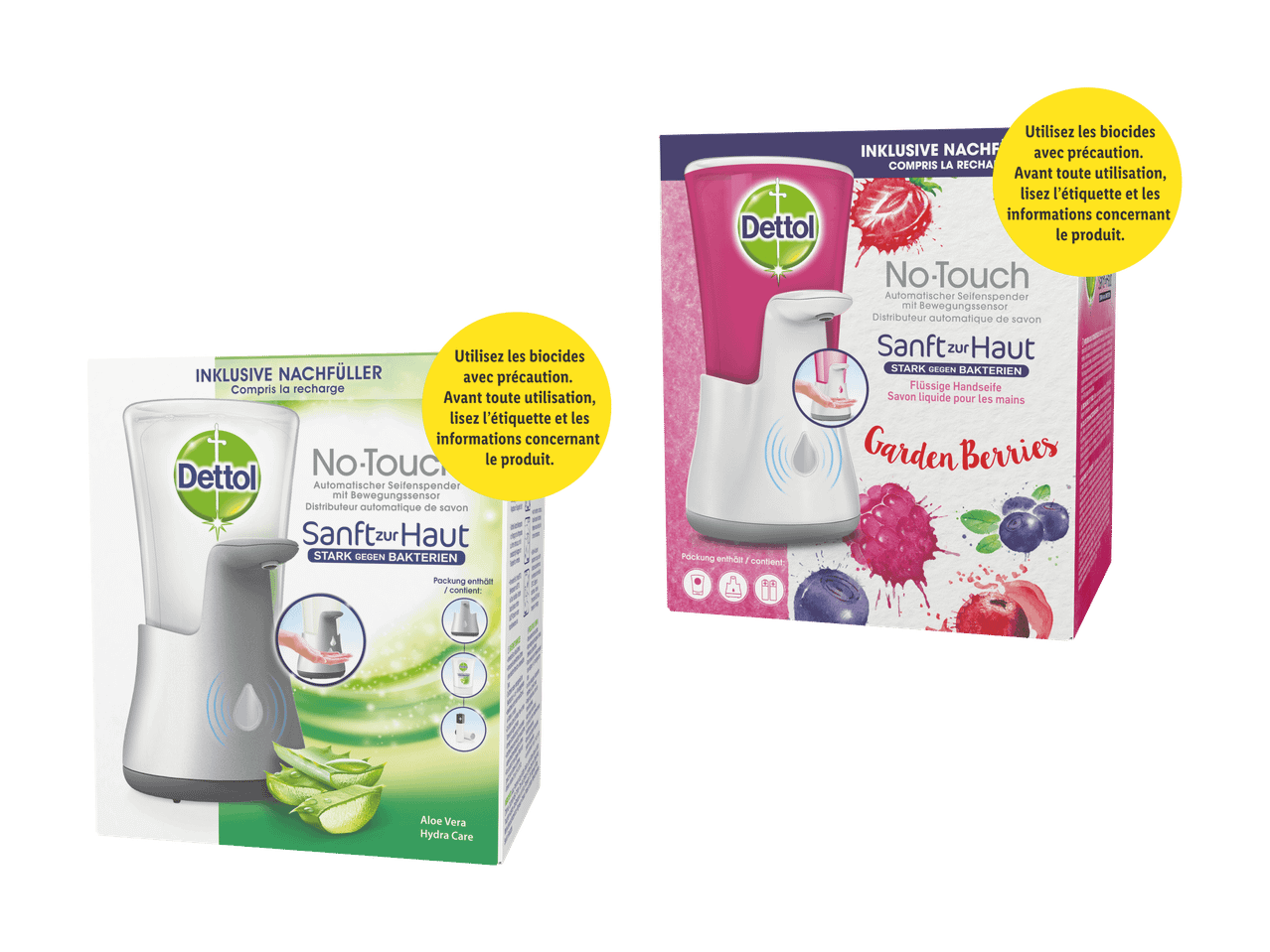 Deux distributeurs de savon Dettol No-Touch, l'un à l'aloe vera et l'autre aux baies.