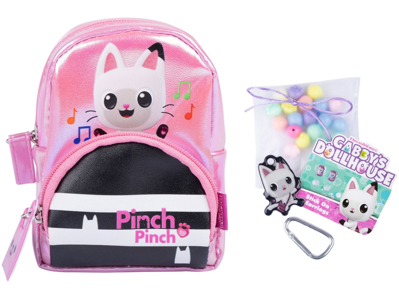 Un mini zaino rosa con un gatto cartone animato e un set di perline e orecchini adesivi di Gabby's Dollhouse.