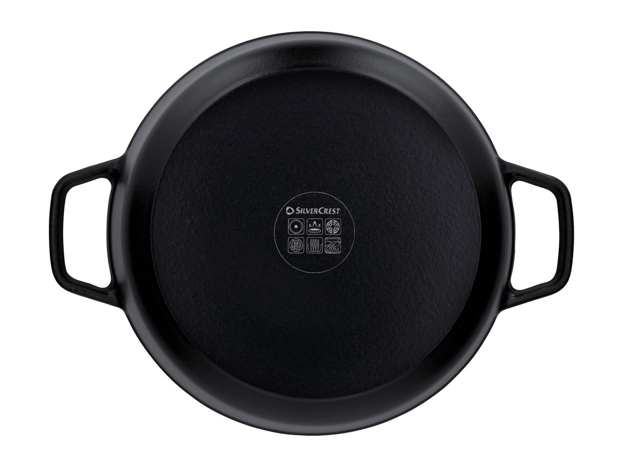 Black round cast iron pan with two handles, showing cooking compatibility symbols on the bottom.