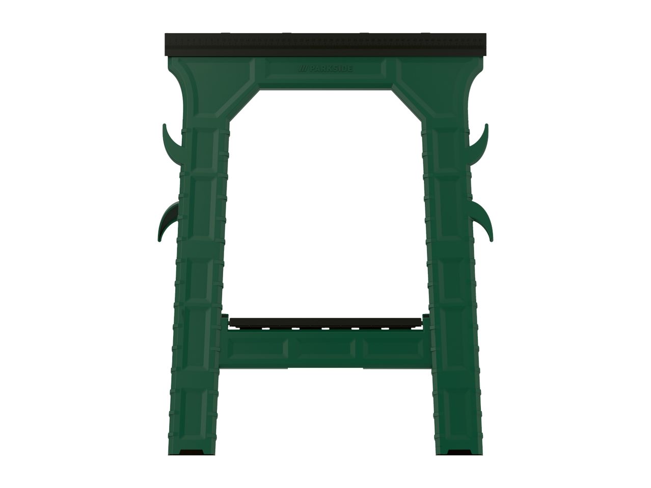 A green PARKSIDE sawhorse with a built-in ruler.