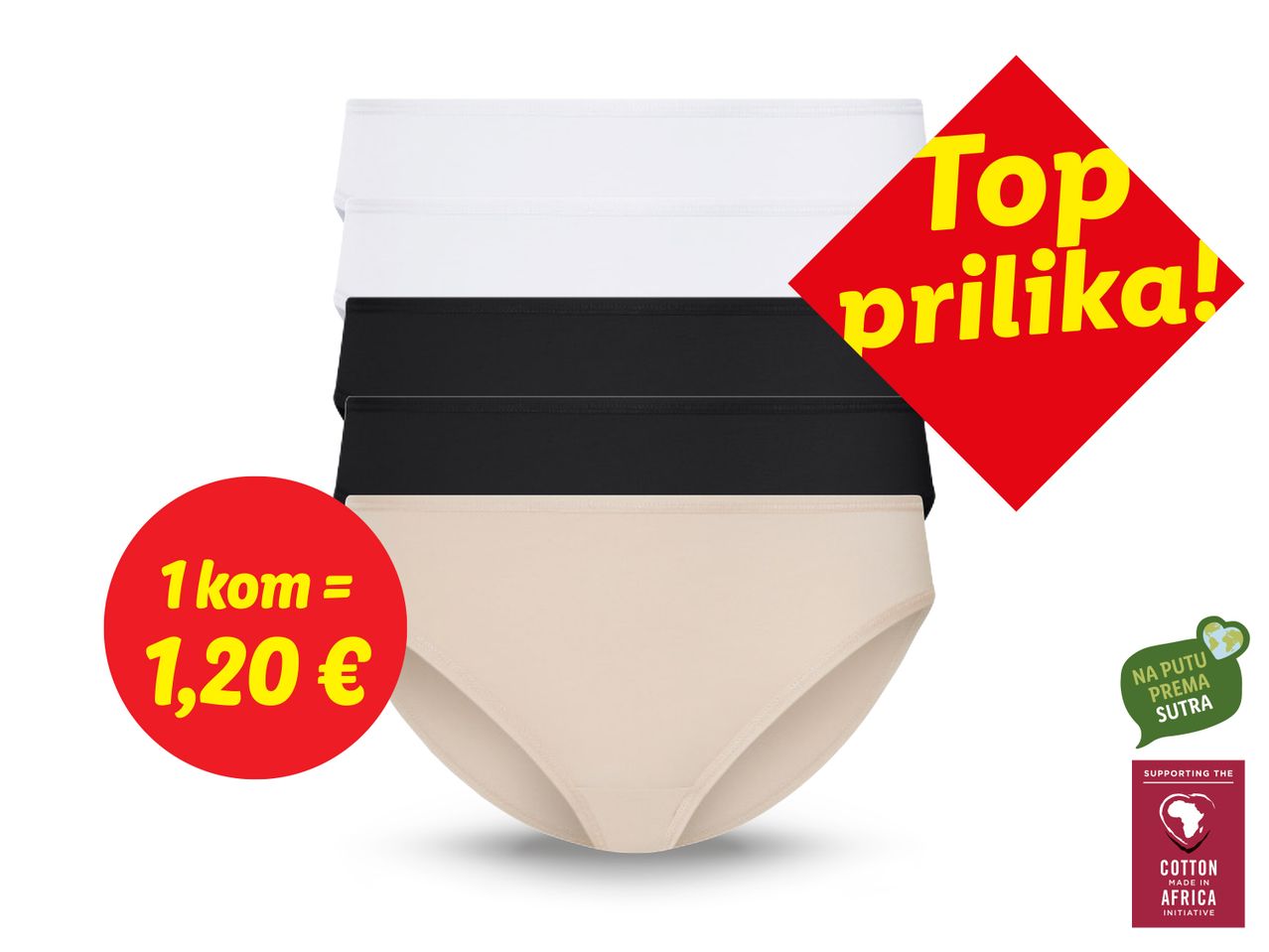Paket ženskih gaćica u bijeloj, crnoj i bež boji s natpisom 'Top prilika!' i cijenom od 1,20 € po komadu.