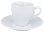 Uma xícara de café expresso branca com pires.