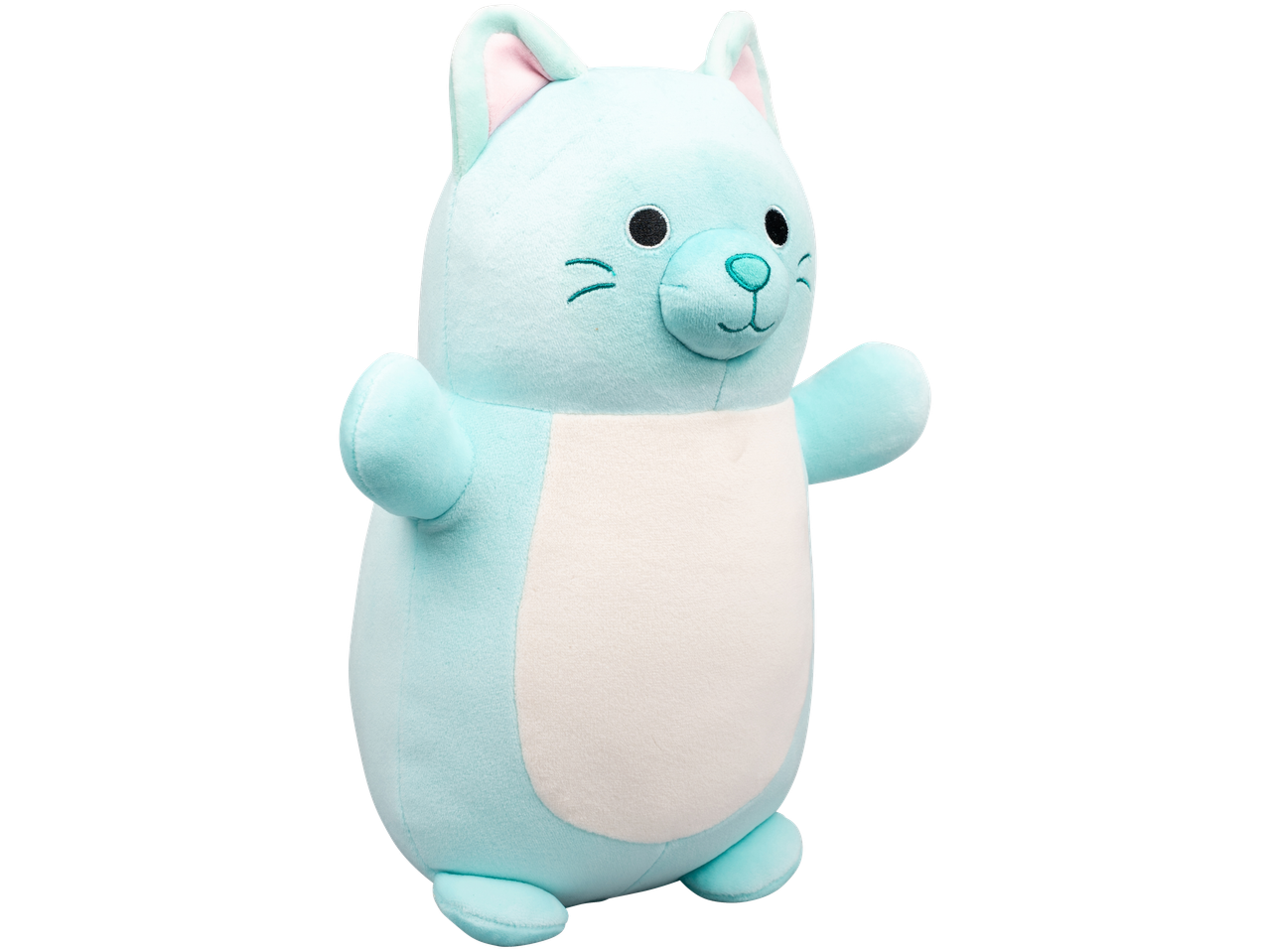 Light blue Squishmallows plush toy with a white belly, black eyes, and embroidered features.