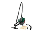 Wet and dry vacuum cleaner with accessories including hose, floor nozzle, filters, and attachments.