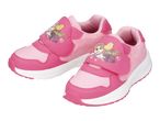Pair of pink children's sneakers with a cartoon dog character and tropical leaf design.
