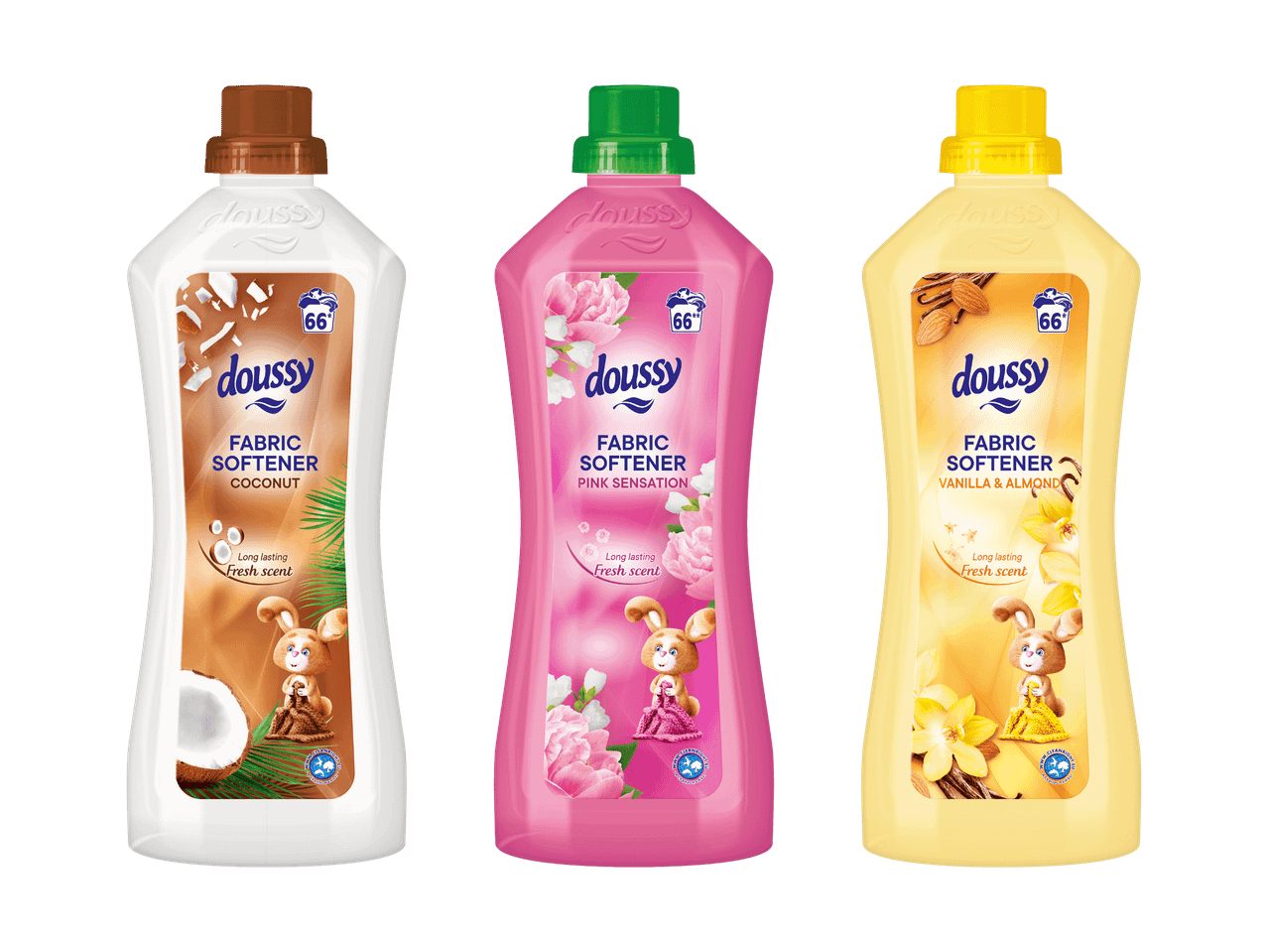 Drei Weichspüler in den Duftrichtungen Kokosnuss, Pink Sensation und Vanille & Mandel.