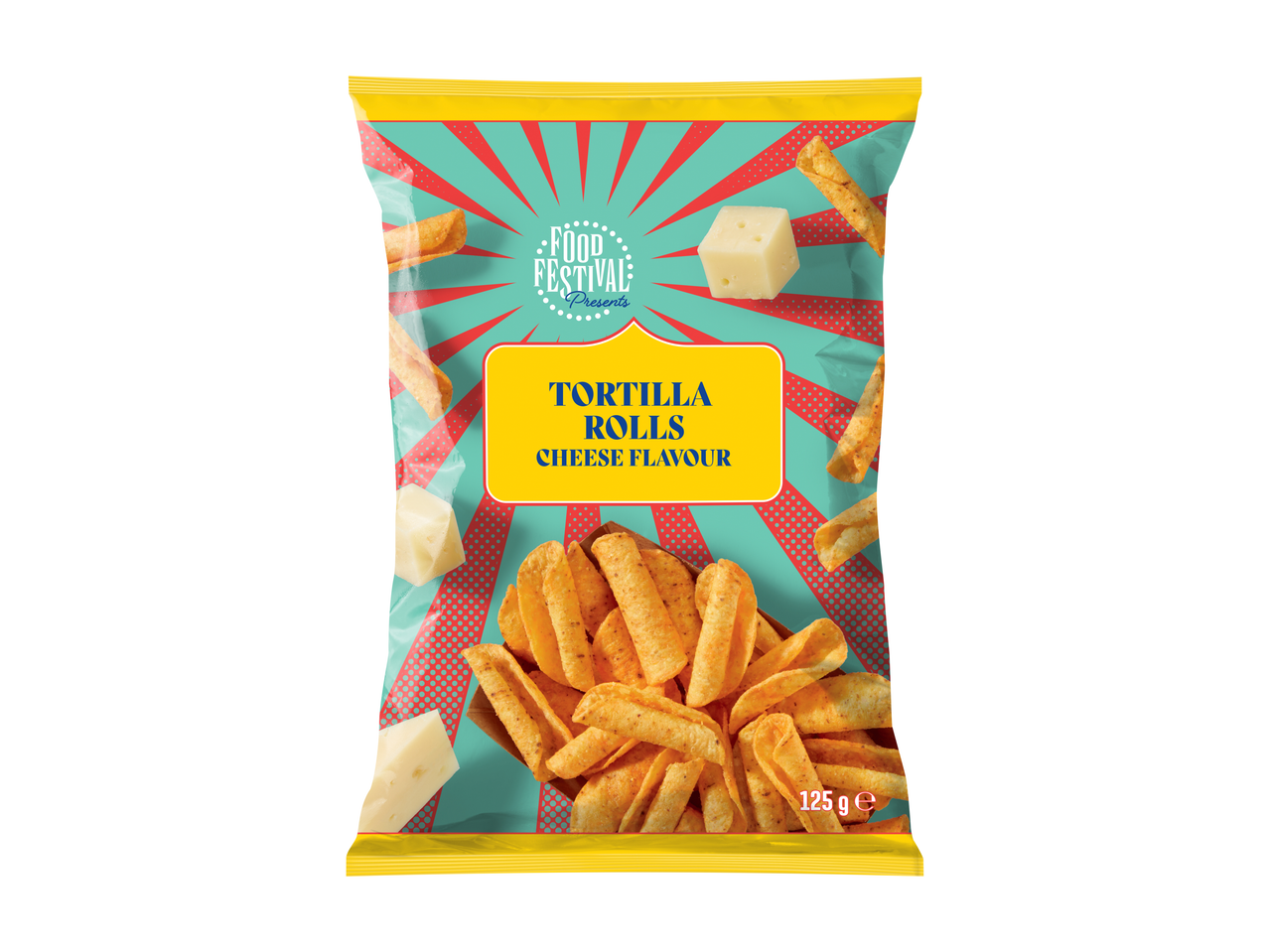 Zak chips met kaas tortillarolletjes en kaasblokjes, opvallend design.