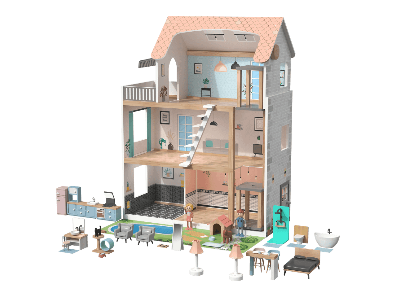 Nukkekoti, jossa on useita huoneita ja huonekaluja, kuten keittiö, olohuone, makuuhuone ja kylpyhuone.