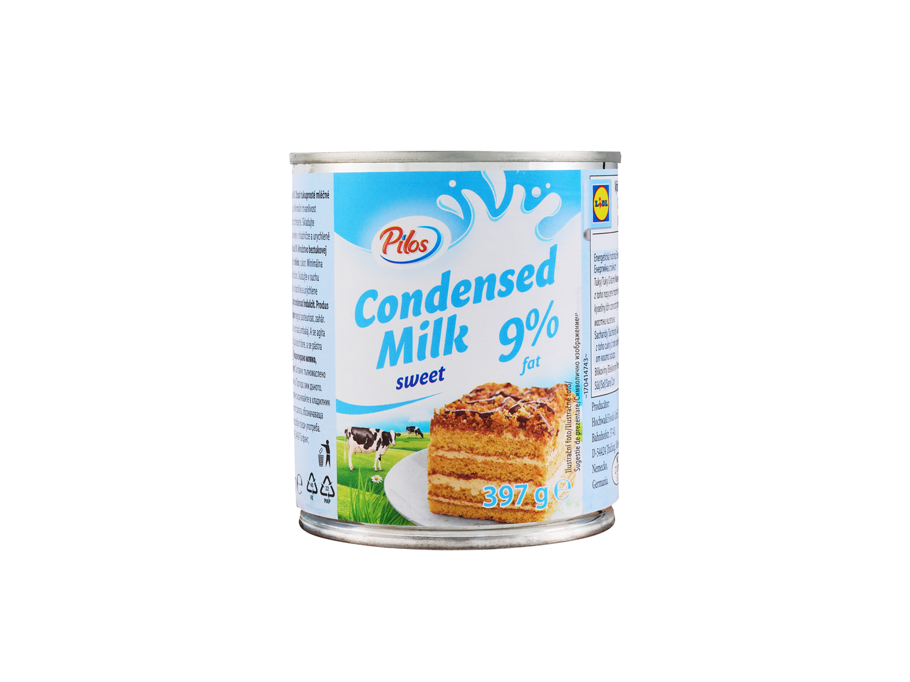 Lapte condensat îndulcit Pilos 9% grăsime într-o conservă.