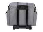 Gray rolling cooler bag with a black extendable handle and wheels.