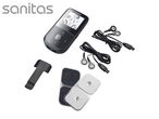 Sanitas TENS/EMS device with electrodes, cables, and belt clip for pain therapy and muscle stimulation.