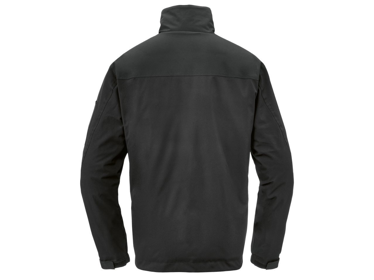 Мъжко черно яке с висока яка, с изглед отзад.