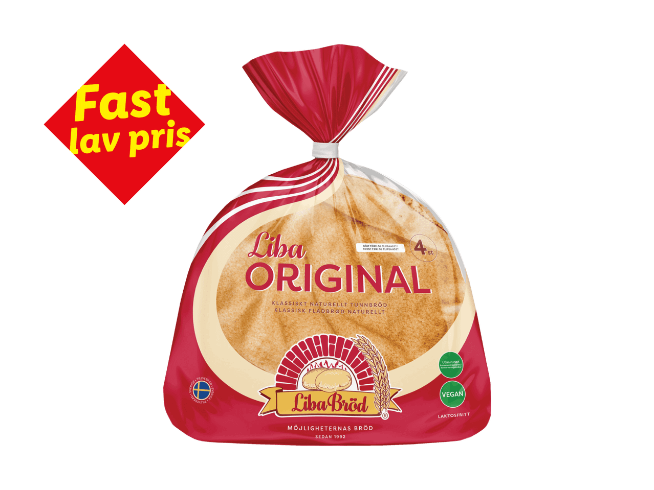 Pakke med fladbrød med teksten 'Fast lav pris' i øverste venstre hjørne.