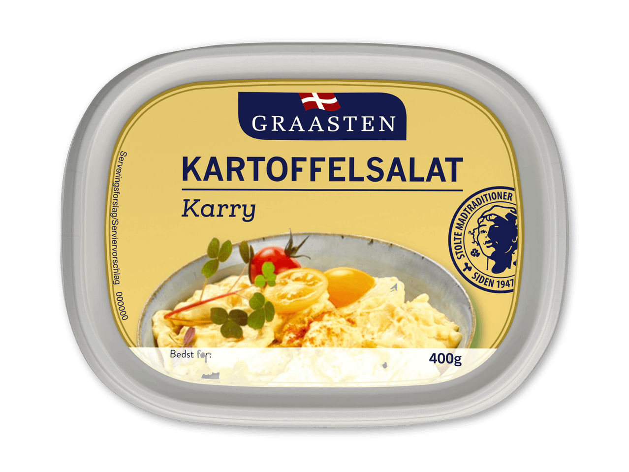 Kartoffelsalat med karry i en bakke, 400g.