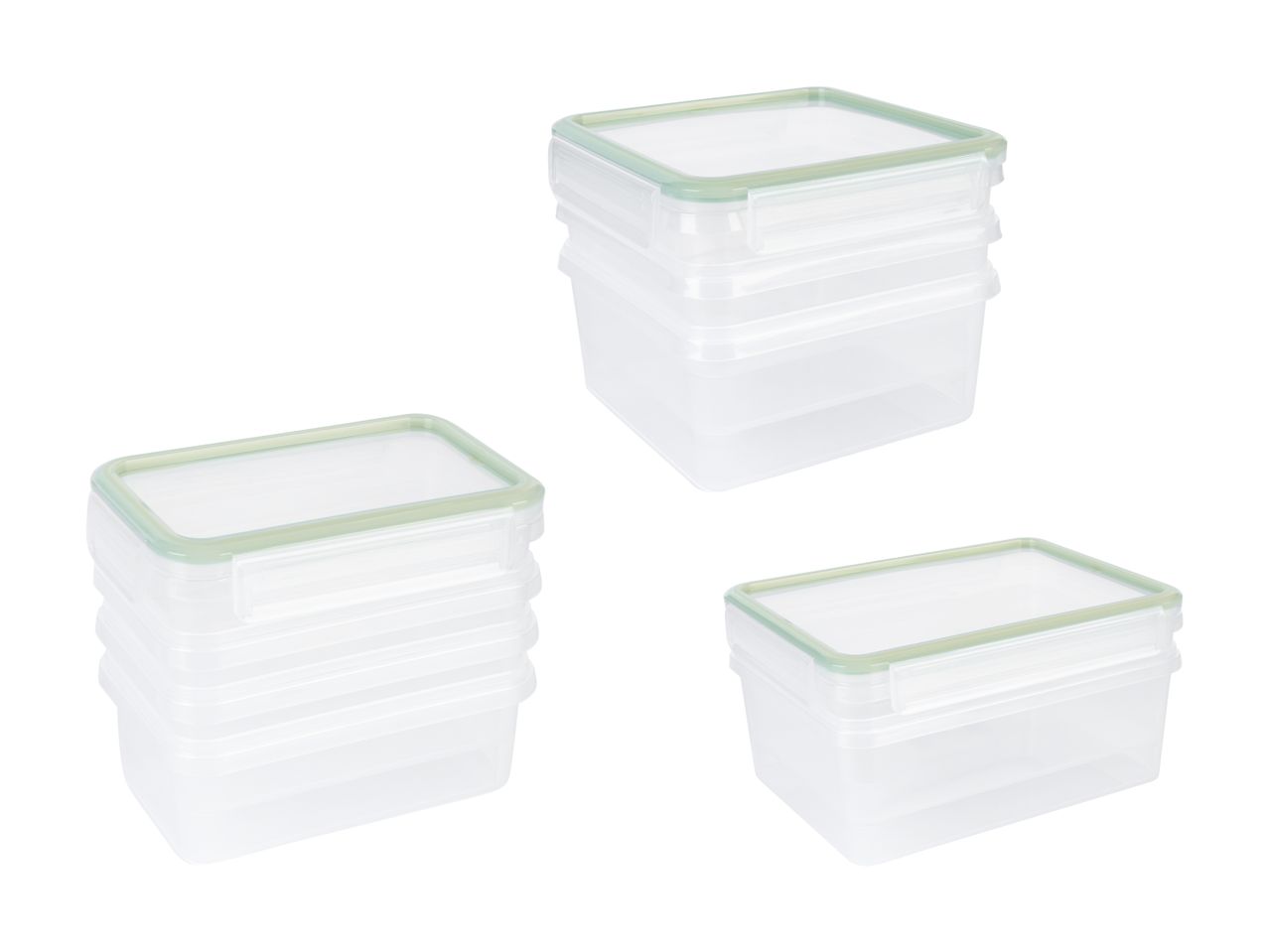 Set mit drei transparenten, stapelbaren Aufbewahrungsbehältern.