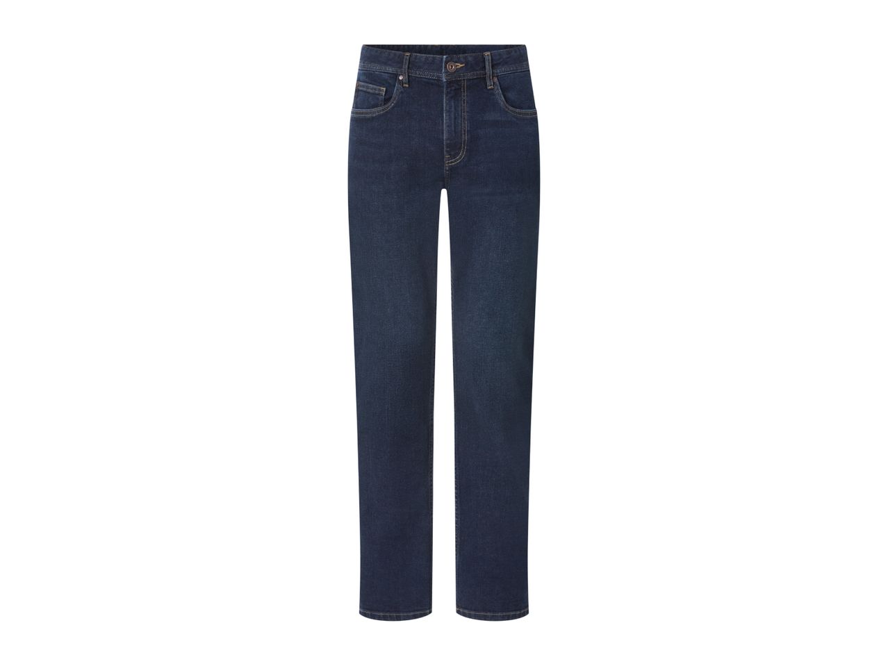 Dark blue straight-leg jeans with light brown stitching