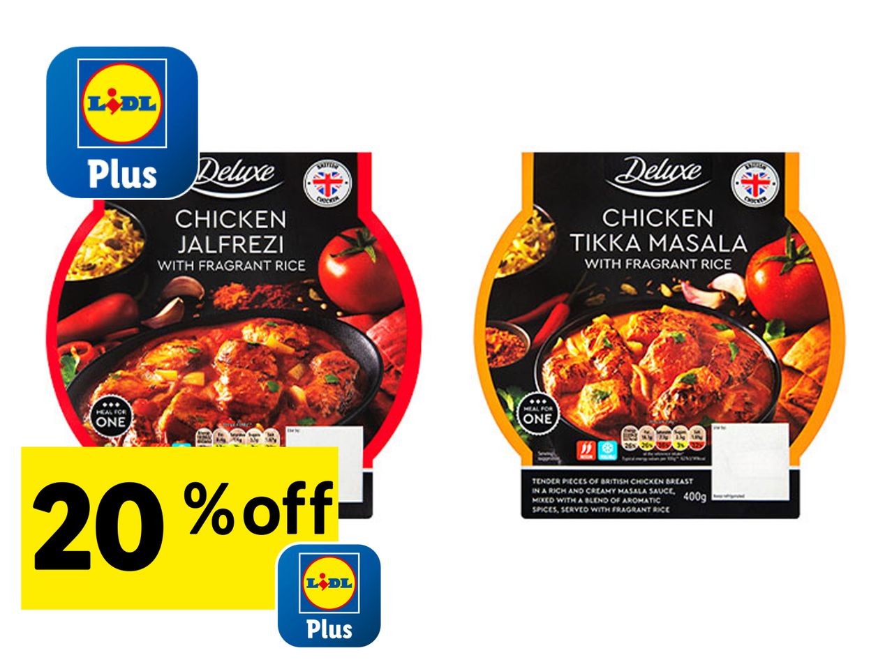 Lidl Plus offers 20% off Deluxe Chicken Jalfrezi and Tikka Masala meals.