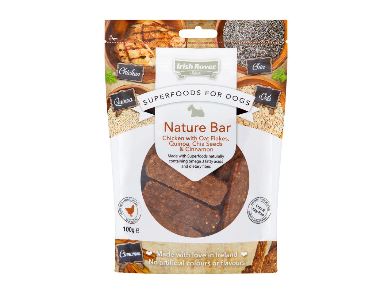 Irish Rover Select Nature Bar dog treats: chicken, quinoa, chia seeds, and cinnamon.