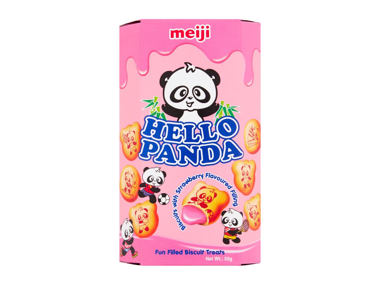 Pink box of panda-shaped biscuits with strawberry filling, featuring cartoon pandas.