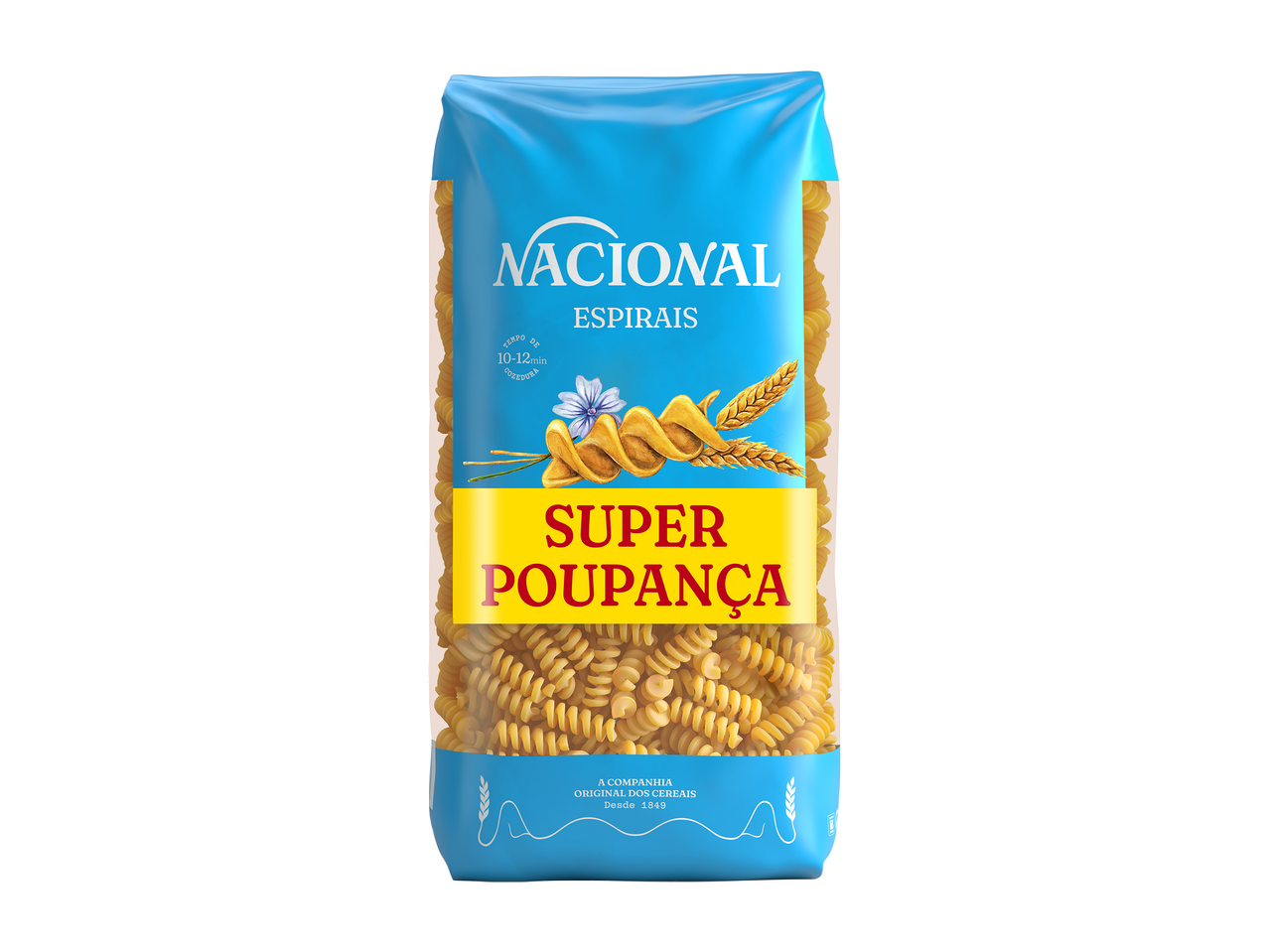Um pacote de massa espirais com a indicação 'Super Poupança' e tempo de cozedura de 10-12 minutos.