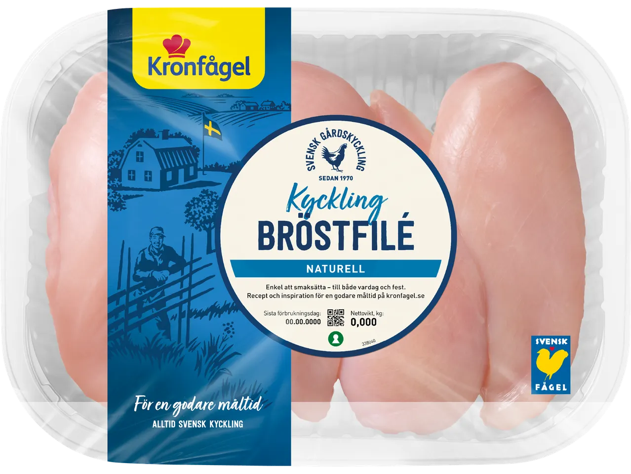 Kronfågel kycklingbröstfilé i förpackning, märkt 'Svensk Gårdskyckling' och 'Naturell'.