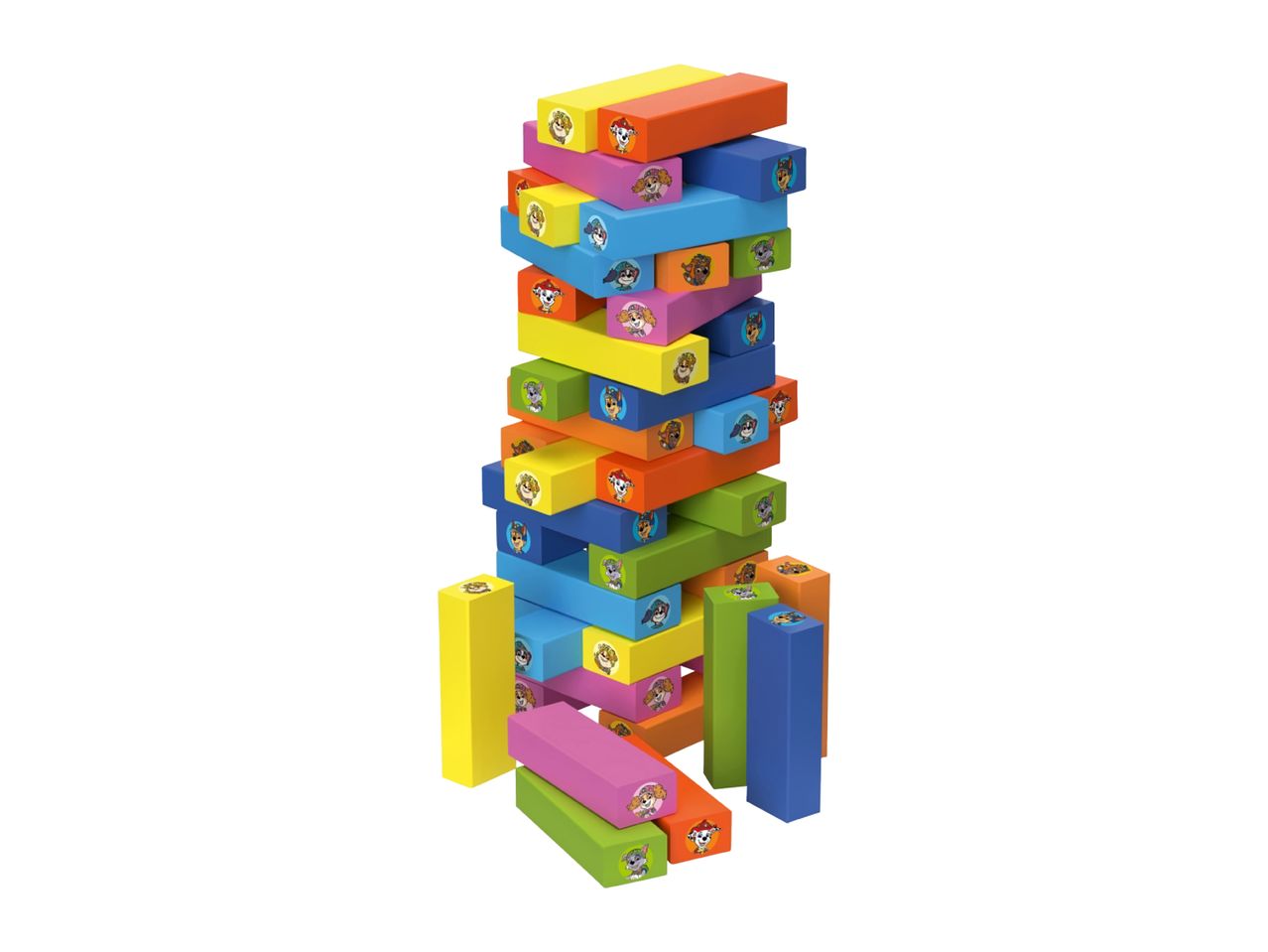 Colorful stacking blocks with cartoon dog characters, forming a tall tower.
