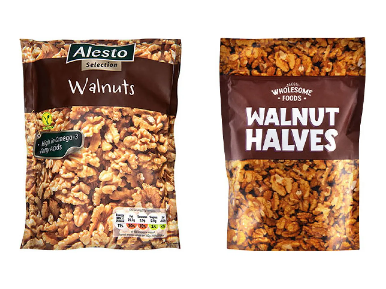 Two bags of walnuts: Alesto Selection Walnuts and Wholesome Foods Walnut Halves.