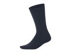 A single dark blue sock, standing upright on a white background.