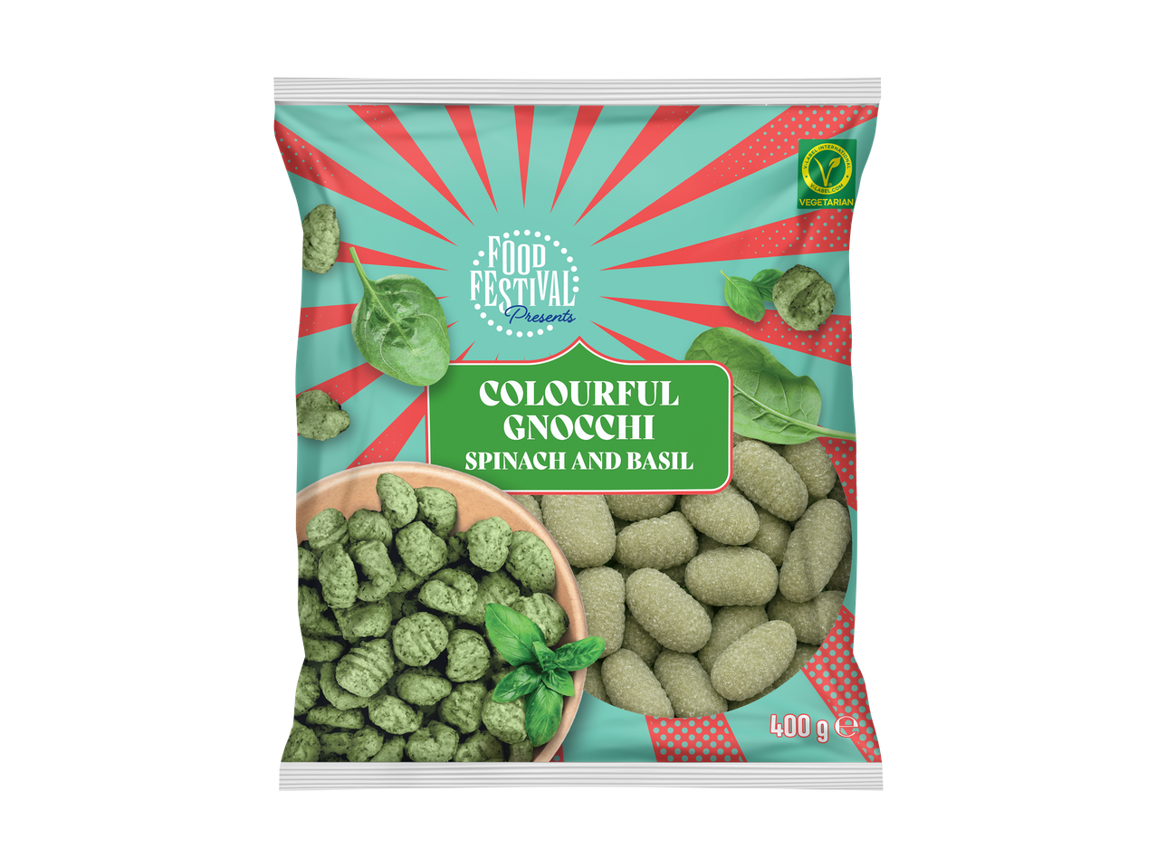 Sachet de gnocchis colorés aux épinards et au basilic, 400g, végétarien.
