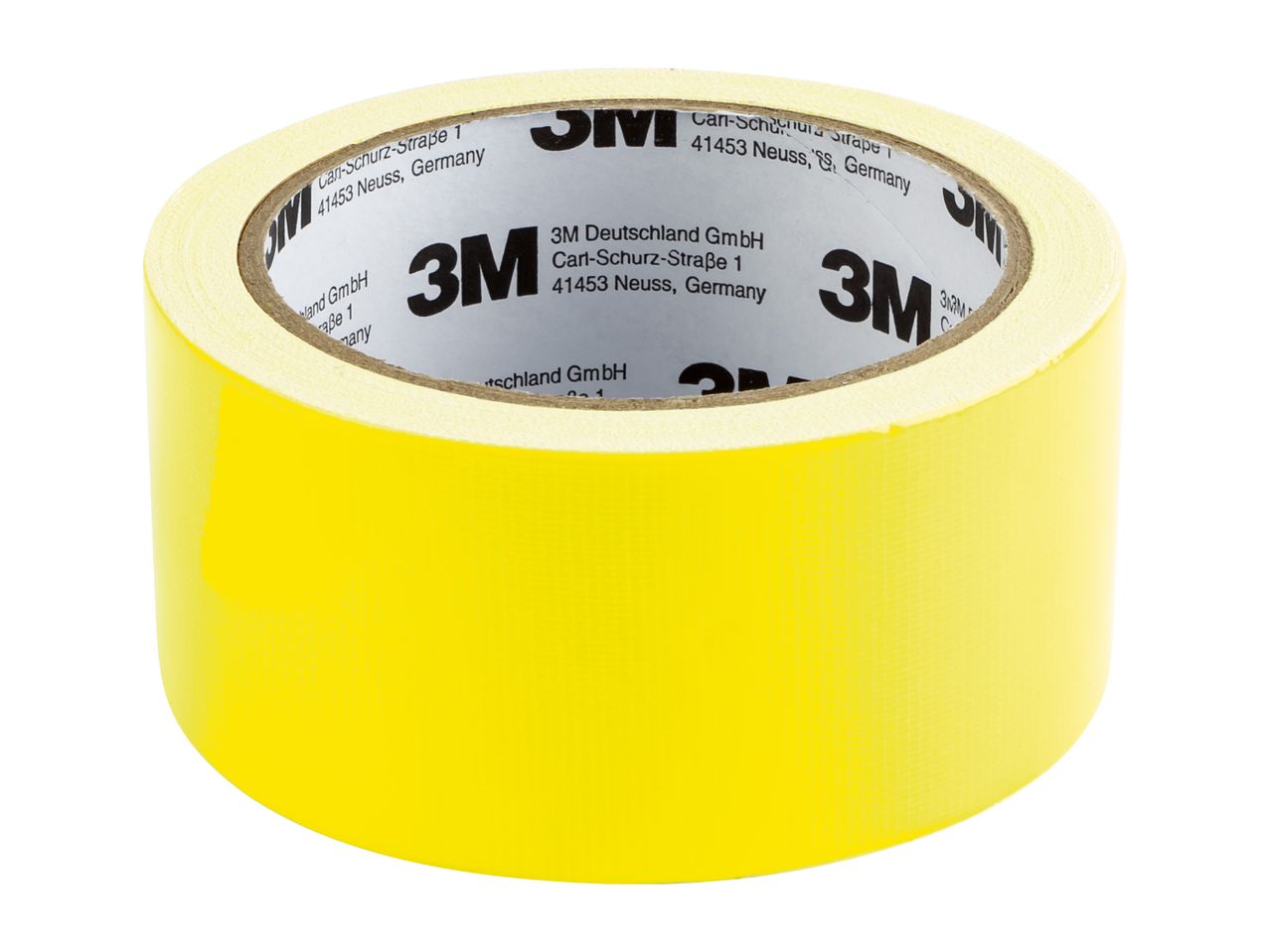 A roll of yellow 3M tape with company information printed on the core.