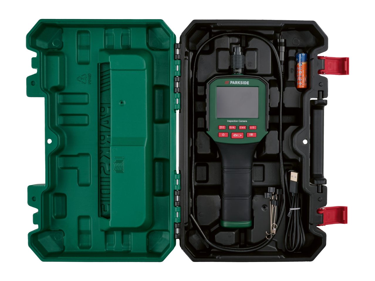 An open case containing a green and black inspection camera with accessories.