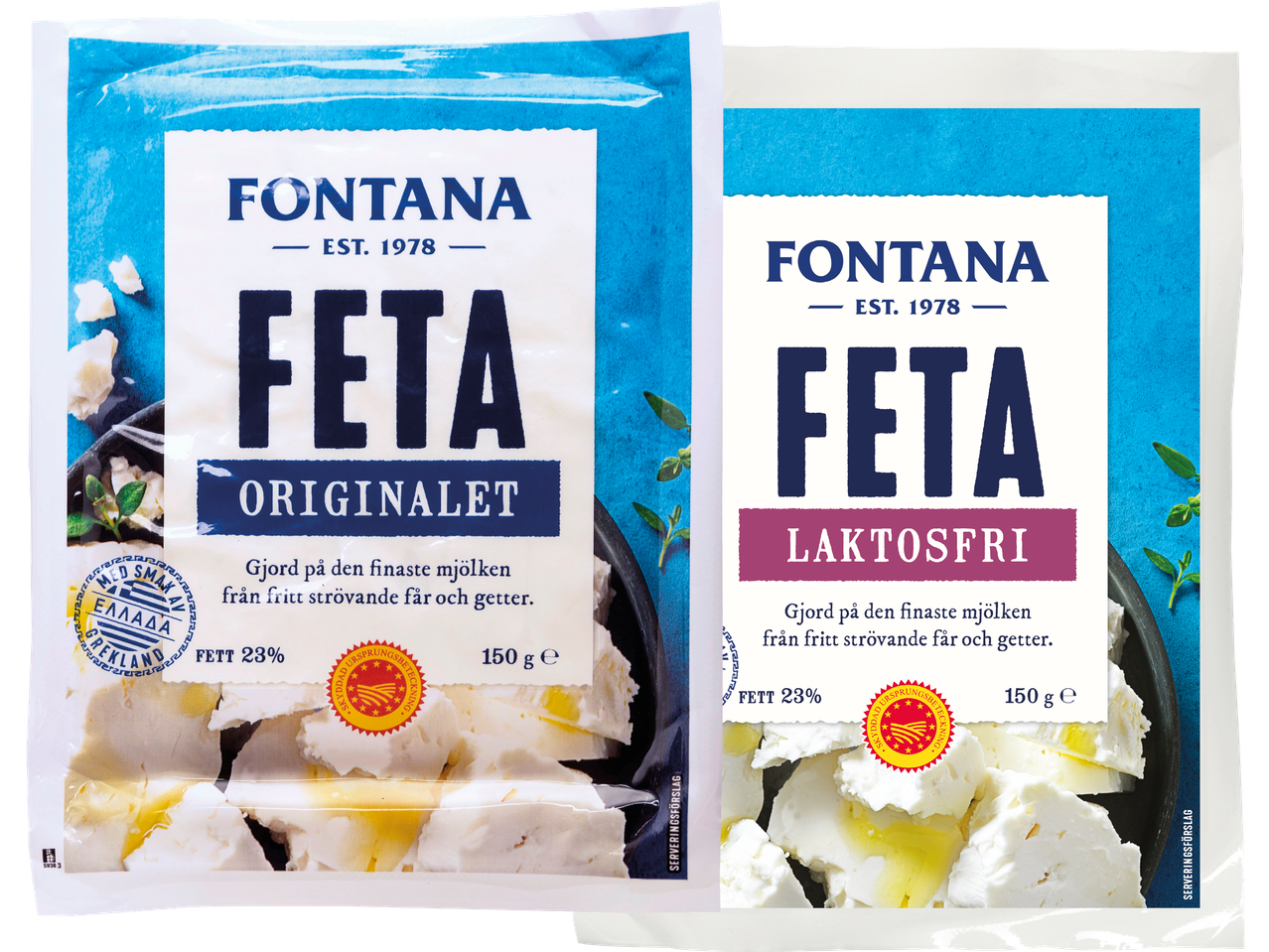 Två förpackningar med fetaost, en original och en laktosfri, med texten 'Gjord på den finaste mjölken från fritt strövande får och getter'.