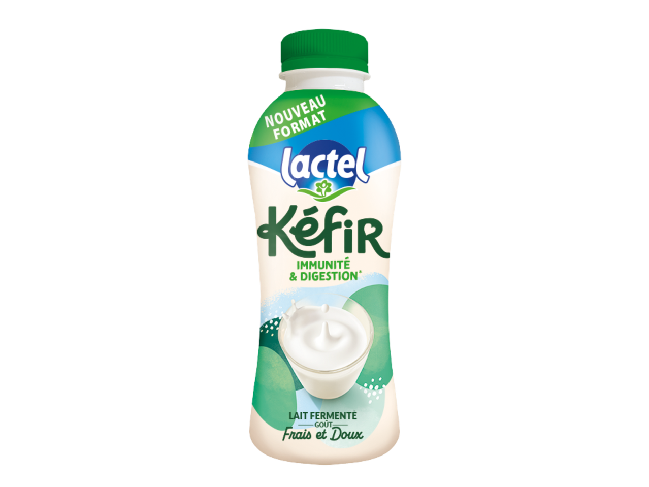 Bouteille de kéfir au lait fermenté, saveur fraîche et douce, pour l'immunité et la digestion.