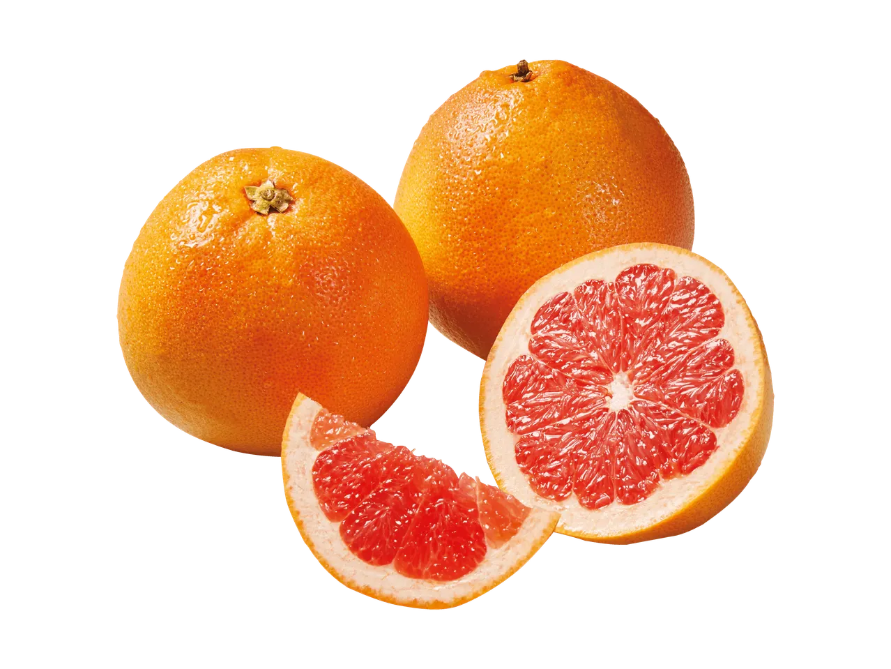 Zwei ganze und eine halbierte Grapefruit mit einem einzelnen Segment.