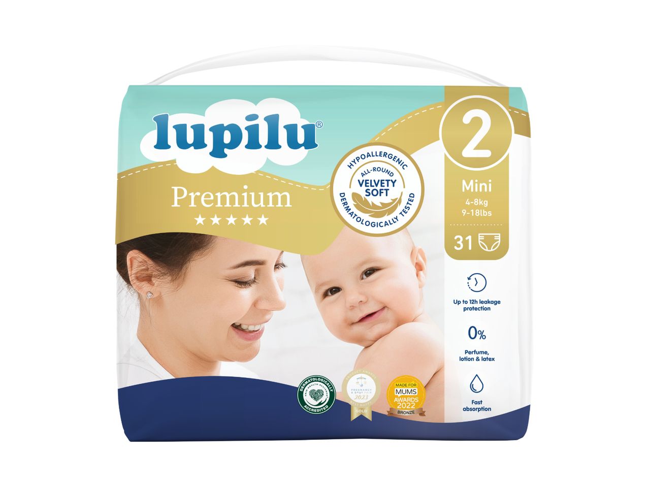 Premium diapers for babies, size 2 (Mini, 4-8kg), 31 count, with 12h leakage protection.