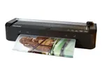 Black laminator with a photo of a smiling woman being laminated, showing A4 and A5 size guides.