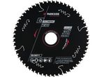 A black Parkside circular saw blade for non-ferrous metal, with specifications and safety icons.