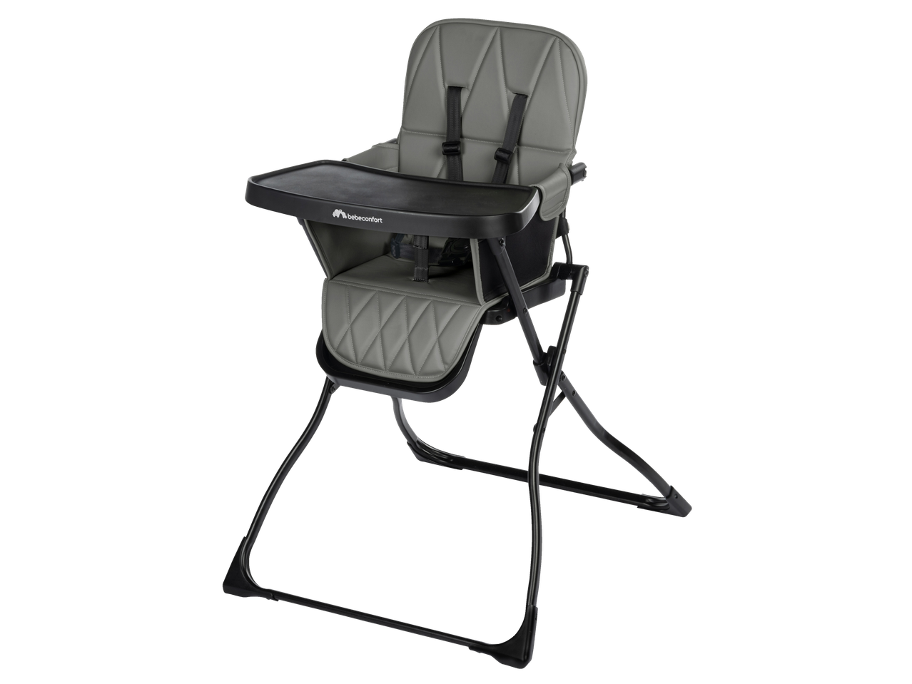 Bebeconfort Lily Highchair in gray with a black frame and tray