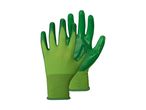 Two green gardening gloves with textured palms and fingers.