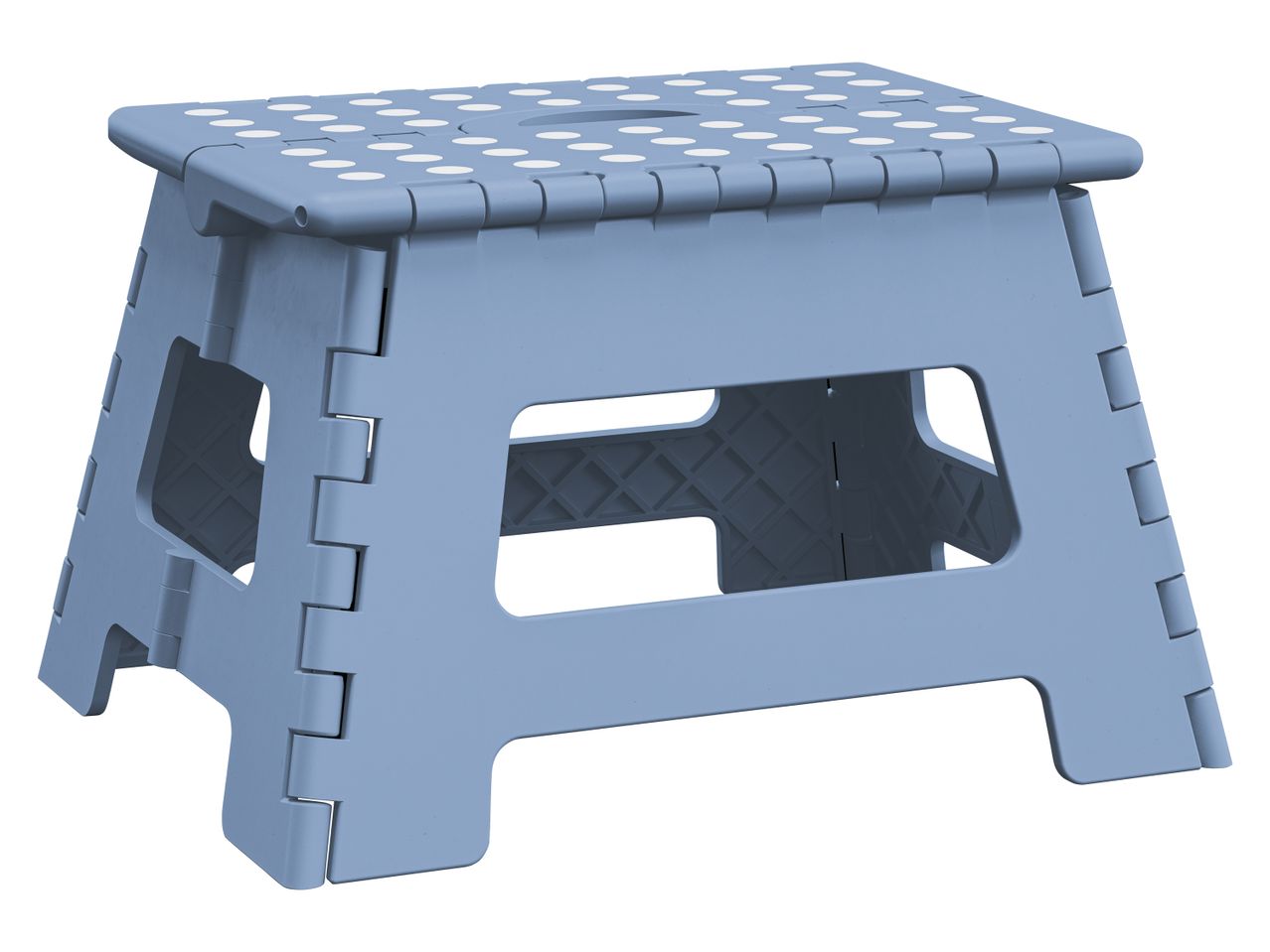 A blue plastic folding step stool with white polka dots on the seat.