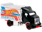 Hot Wheels toy truck, black cab with white trailer featuring Hot Wheels logo and 'Rapid Race Parts'.