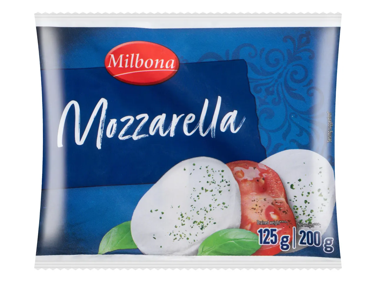 Milbona Mozzarella sajt csomagolás, 125 g lecsöpögtetett súly, 200 g nettó súly.