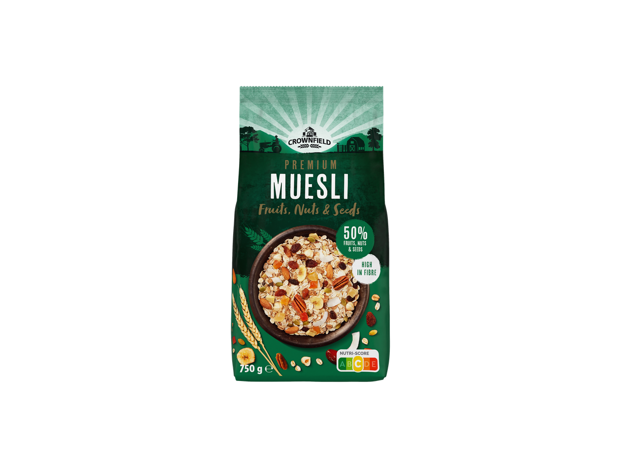 Crownfield premium muesli met fruit, noten en zaden.